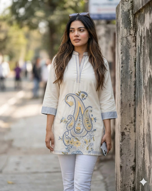 Cream Embroidered Paisley Kurti – Cotton One Piece for Women