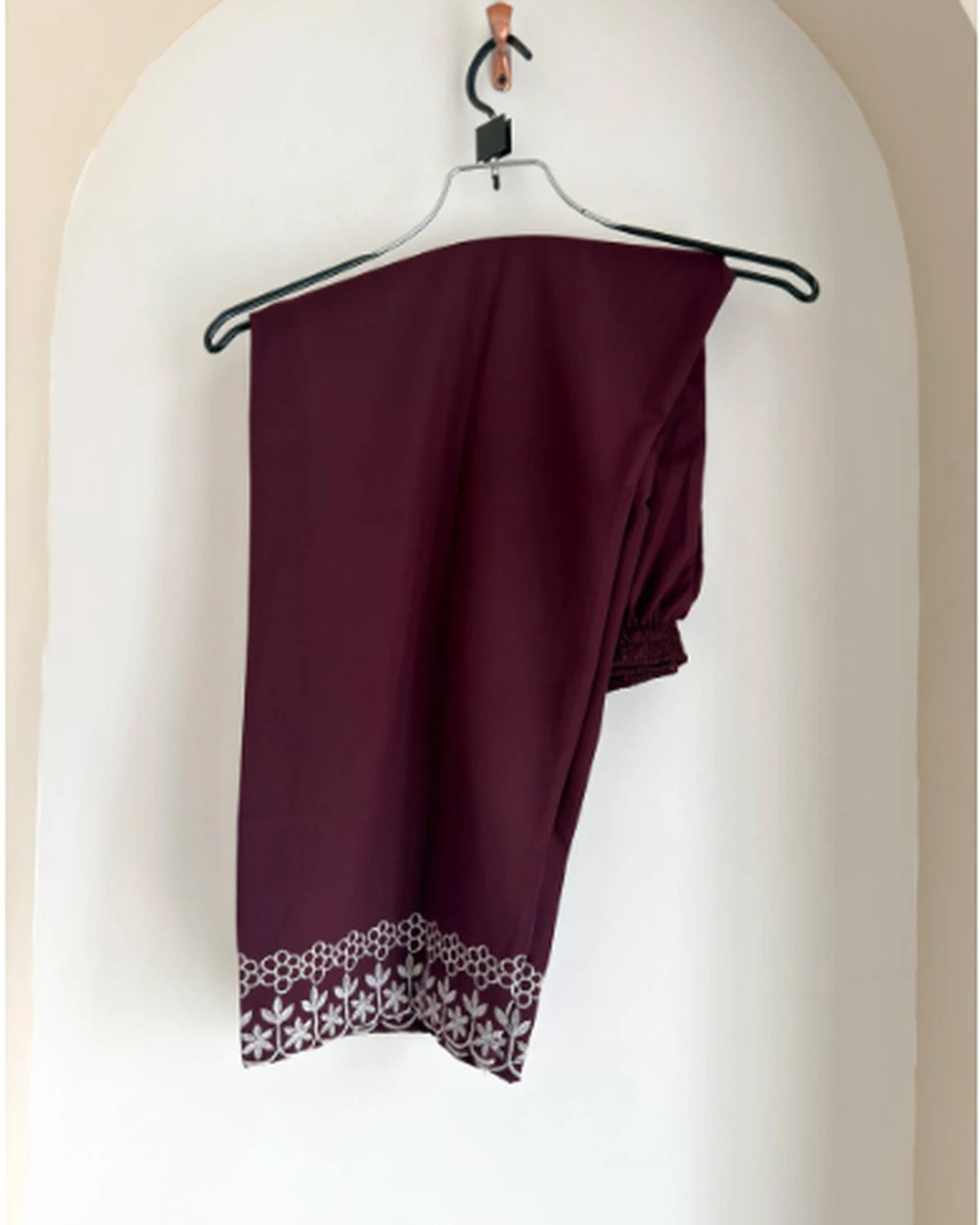 Maroon cotton pants with embroidered hem border, part of 3pc suit