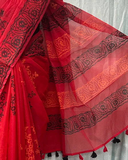 Red Semi Muslin Block Print Saree with Tassel Border | Running Blouse Included