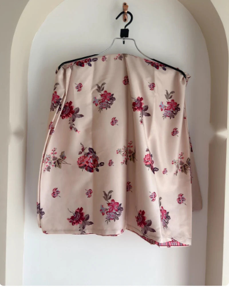 Matching floral printed palazzo pants of beige silk three piece set