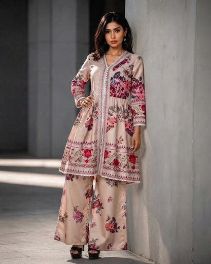 beige-floral-silk-embroidered-three-piece-kurti-palazzo-set-v-neck-model-wearing-canada.webp