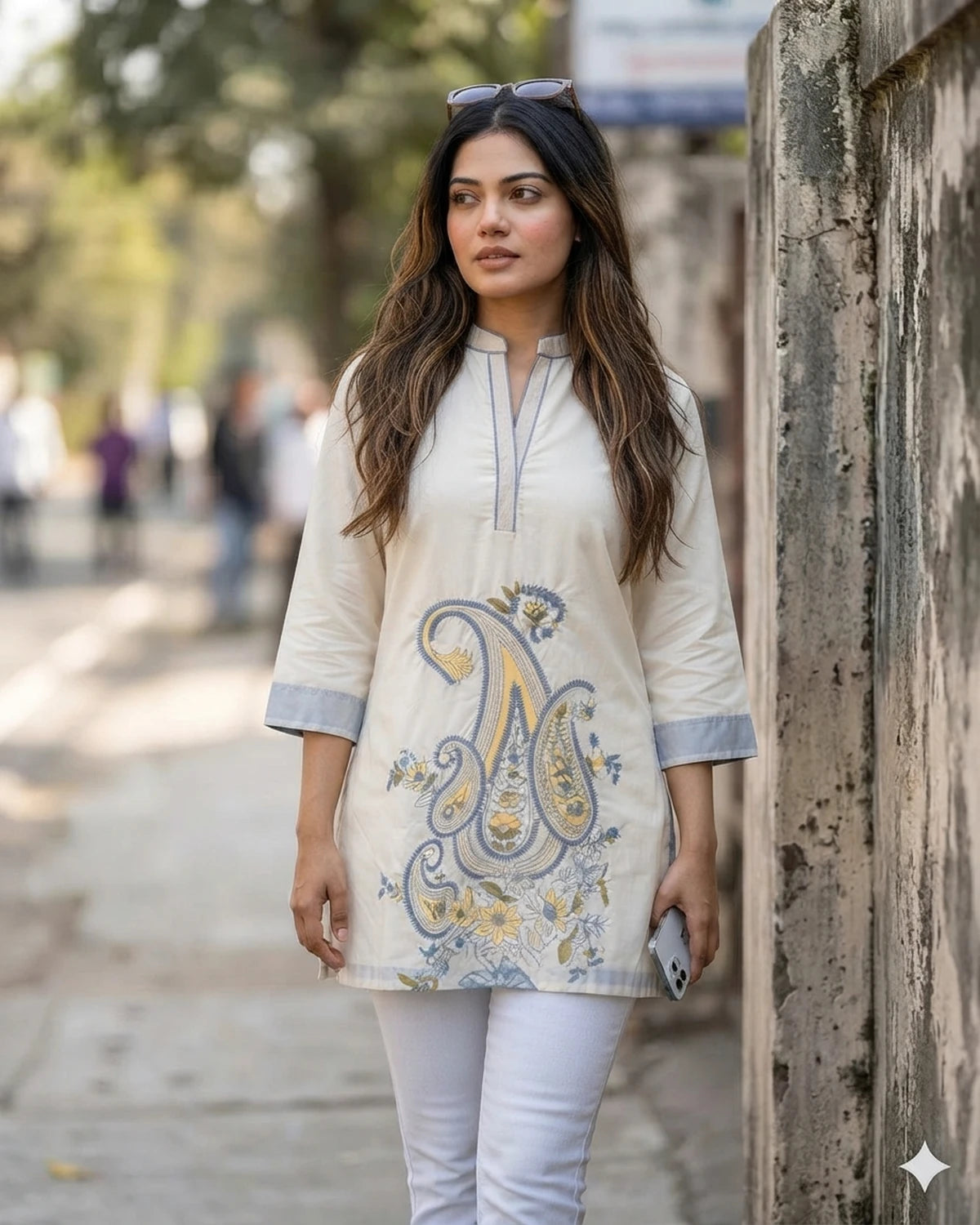 Cream Embroidered Paisley Kurti – Cotton One Piece for Women