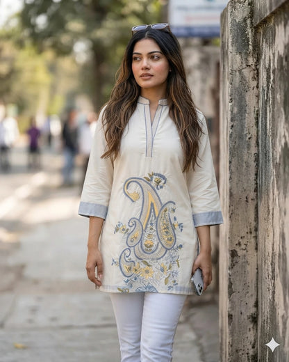 Cream Embroidered Paisley Kurti – Cotton One Piece for Women