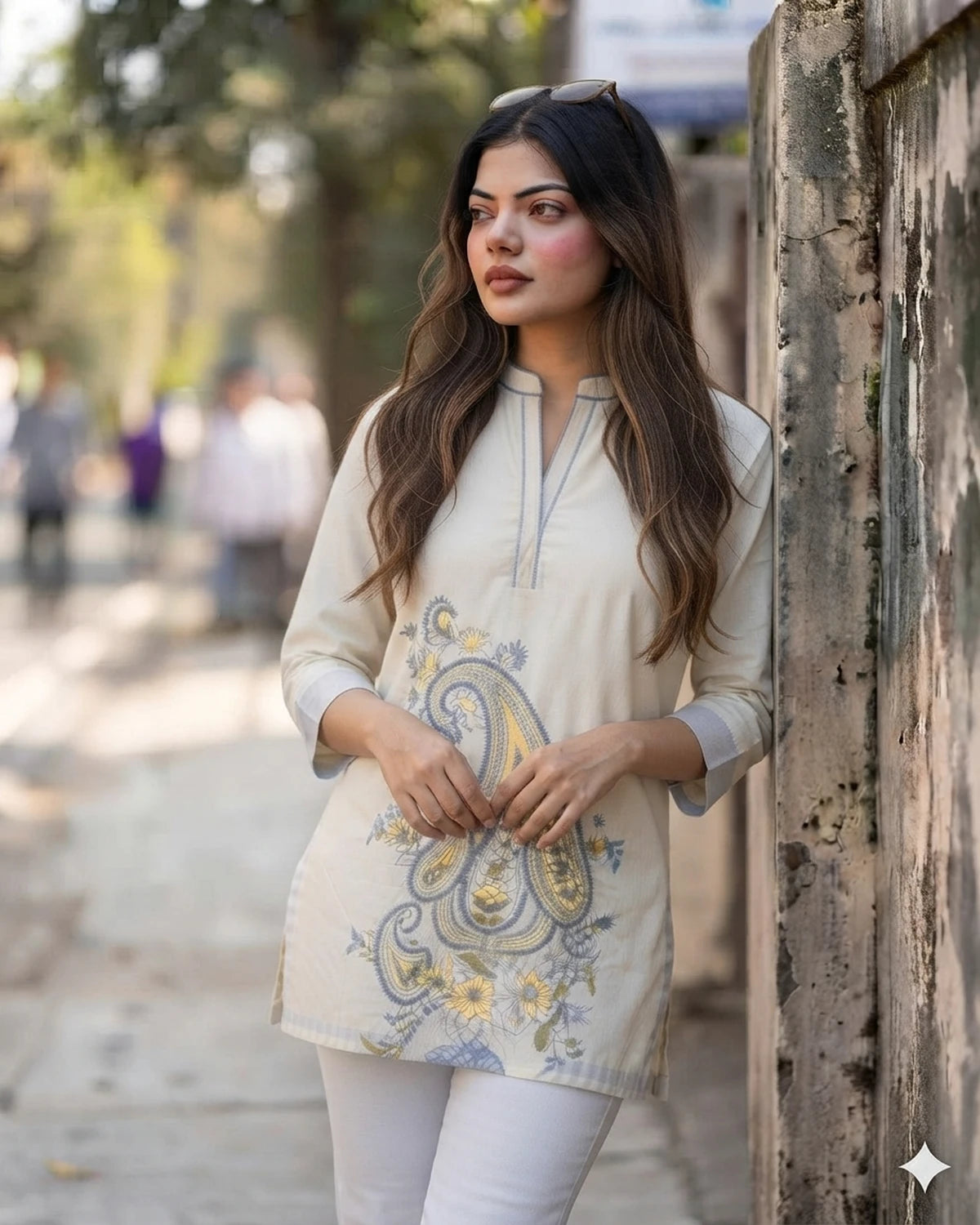 Cream Embroidered Paisley Kurti – Cotton One Piece for Women