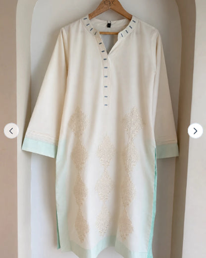 Ivory embroidered cotton kurta one piece with mint trim, on hanger
