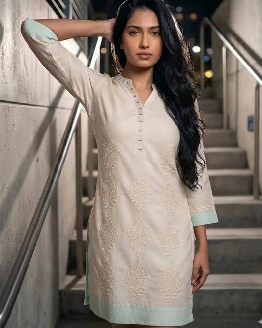Woman wearing ivory embroidered cotton kurta, front pose