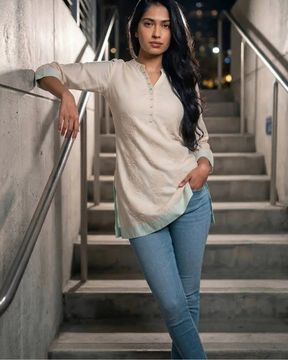 Woman wearing ivory embroidered cotton kurta styled with jeans, side pose