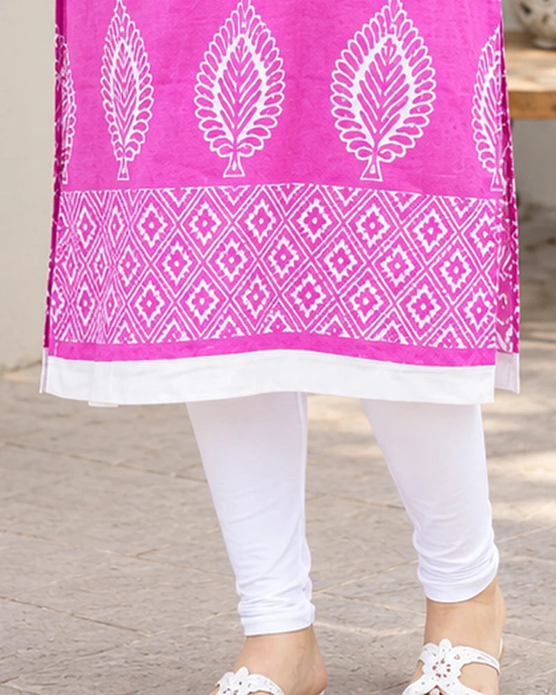 Magenta Pink Block Print Cotton Kurta with White Collar – 100% Cotton One Piece