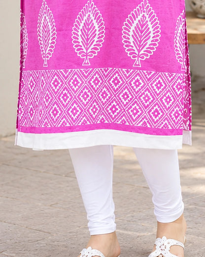 Magenta Pink Block Print Cotton Kurta with White Collar – 100% Cotton One Piece