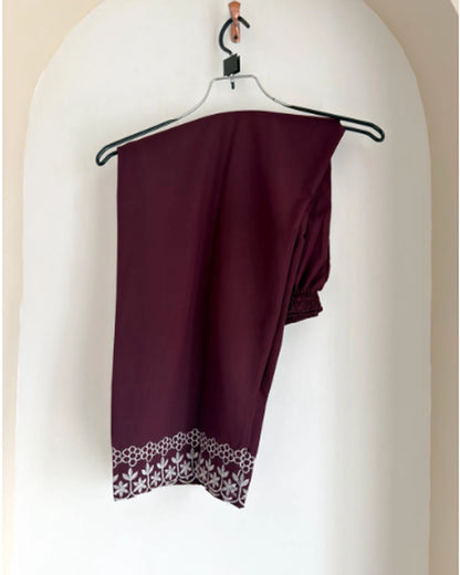 Maroon cotton pants with embroidered hem border, part of 3pc suit