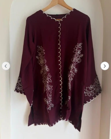 Maroon floral embroidered microcrepe one piece, front view on hanger