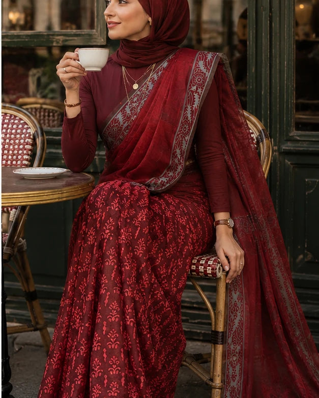Woman in maroon block print saree with hijab holding tea cup at Paris café