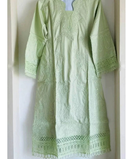 Mint green embroidered cotton kameez with lace sleeves and hem, on hanger