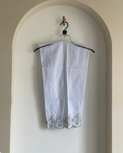 White cotton trouser with embroidered scalloped hem, part of mint green 3pc suit