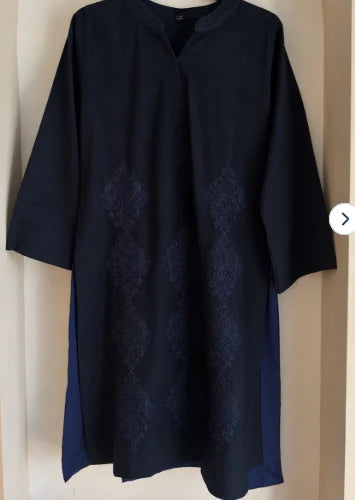 Navy blue embroidered cotton kurta one piece, front view on hanger