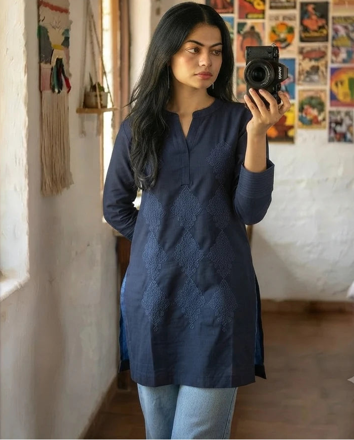 Woman wearing navy blue embroidered cotton kurta, side pose