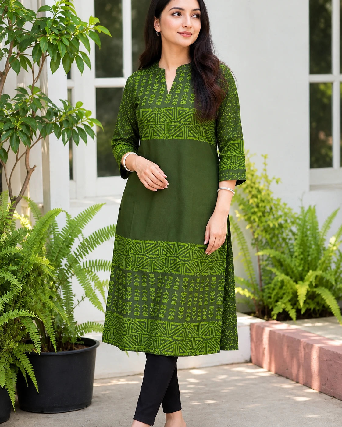 Woman wearing olive green block print cotton long kurta with 3/4 sleeves