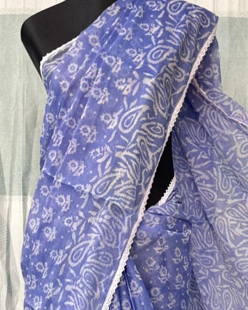 Periwinkle blue batik saree pallu detail on mannequin