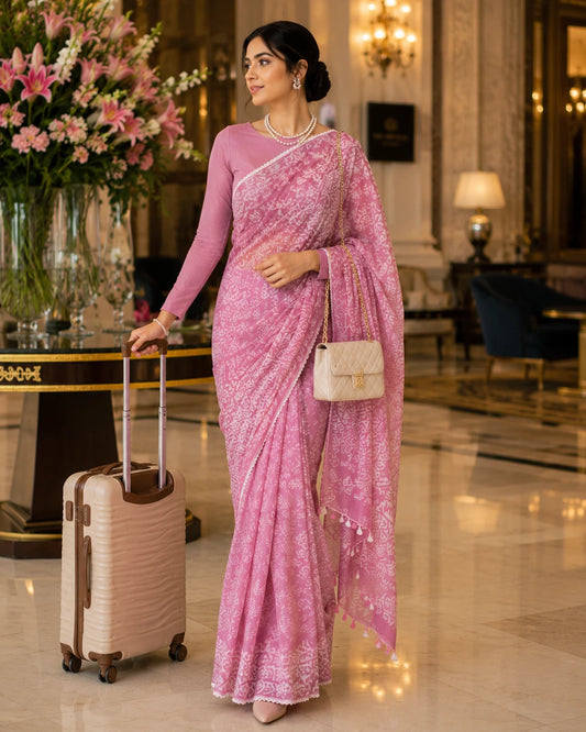 Woman in mauve pink batik print saree walking through hotel lobby with luggage