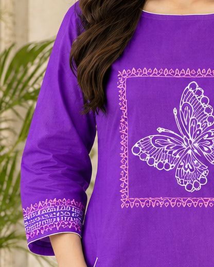 Purple cotton kurta shoulder and 3/4 sleeve with block print cuff detail