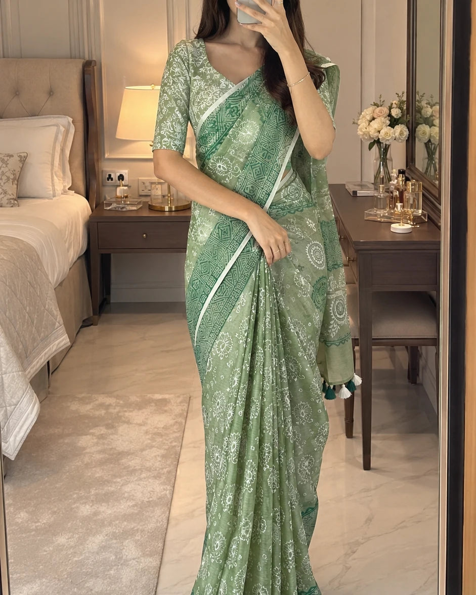 Woman wearing green block print muslin saree in mirror selfie, bedroom styling