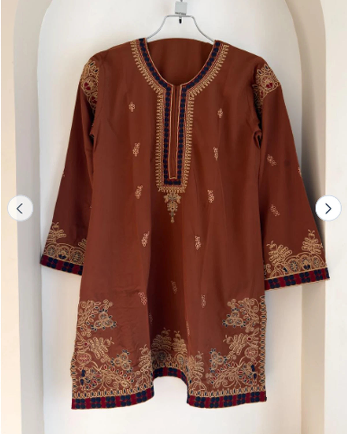 Rust brown embroidered kameez on hanger, full front view