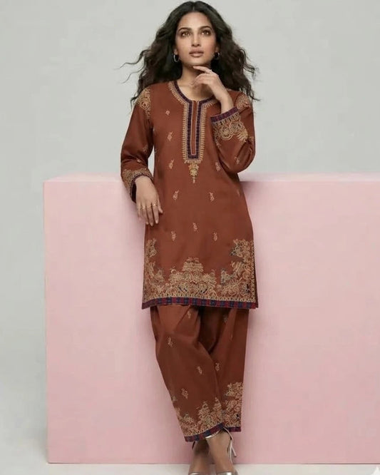 Rust Brown Embroidered 2PC Suit – Premium Micro Stitch Kameez & Pants