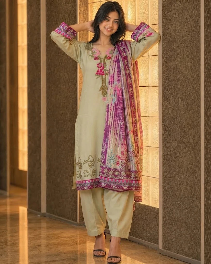 Woman wearing sage green embroidered silk three piece suit with printed dupatta