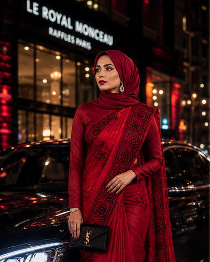 Red Semi Muslin Block Print Saree with Tassel Border | Running Blouse Included