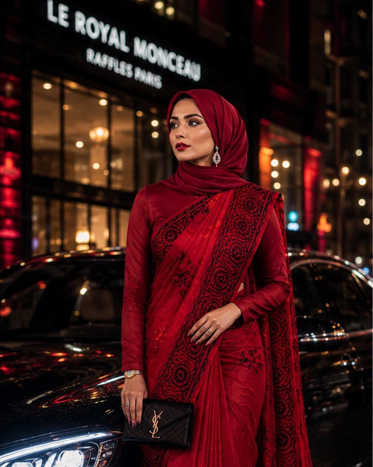 Red Semi Muslin Block Print Saree with Tassel Border | Running Blouse Included