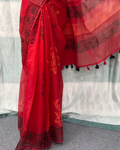 Red Semi Muslin Block Print Saree with Tassel Border | Running Blouse Included