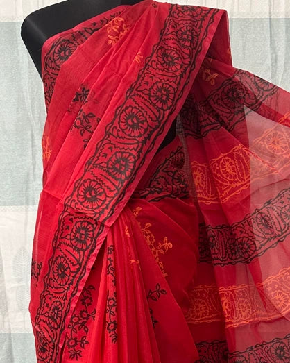 Red Semi Muslin Block Print Saree with Tassel Border | Running Blouse Included