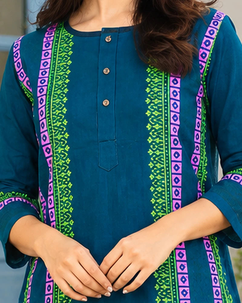 Close-up of button placket neckline and green magenta block print panels on teal cotton kurta