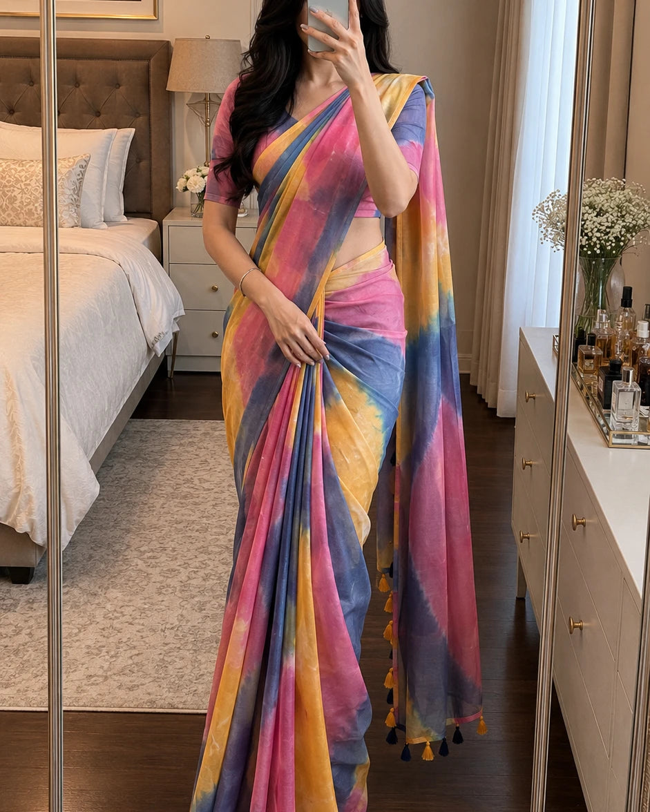 Woman in tie-dye batik print saree, mirror selfie bedroom styling