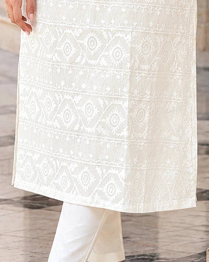 White Cotton Long Kurta with Tone-on-Tone Pattern Block Print Work – 100% Cotton One Piece