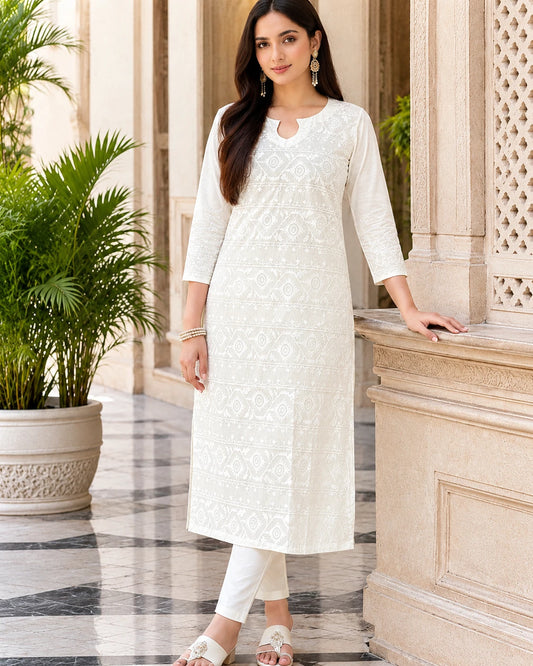 White Cotton Long Kurta with Tone-on-Tone Pattern Block Print Work – 100% Cotton One Piece