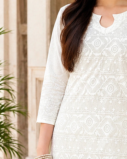 White Cotton Long Kurta with Tone-on-Tone Pattern Block Print Work – 100% Cotton One Piece